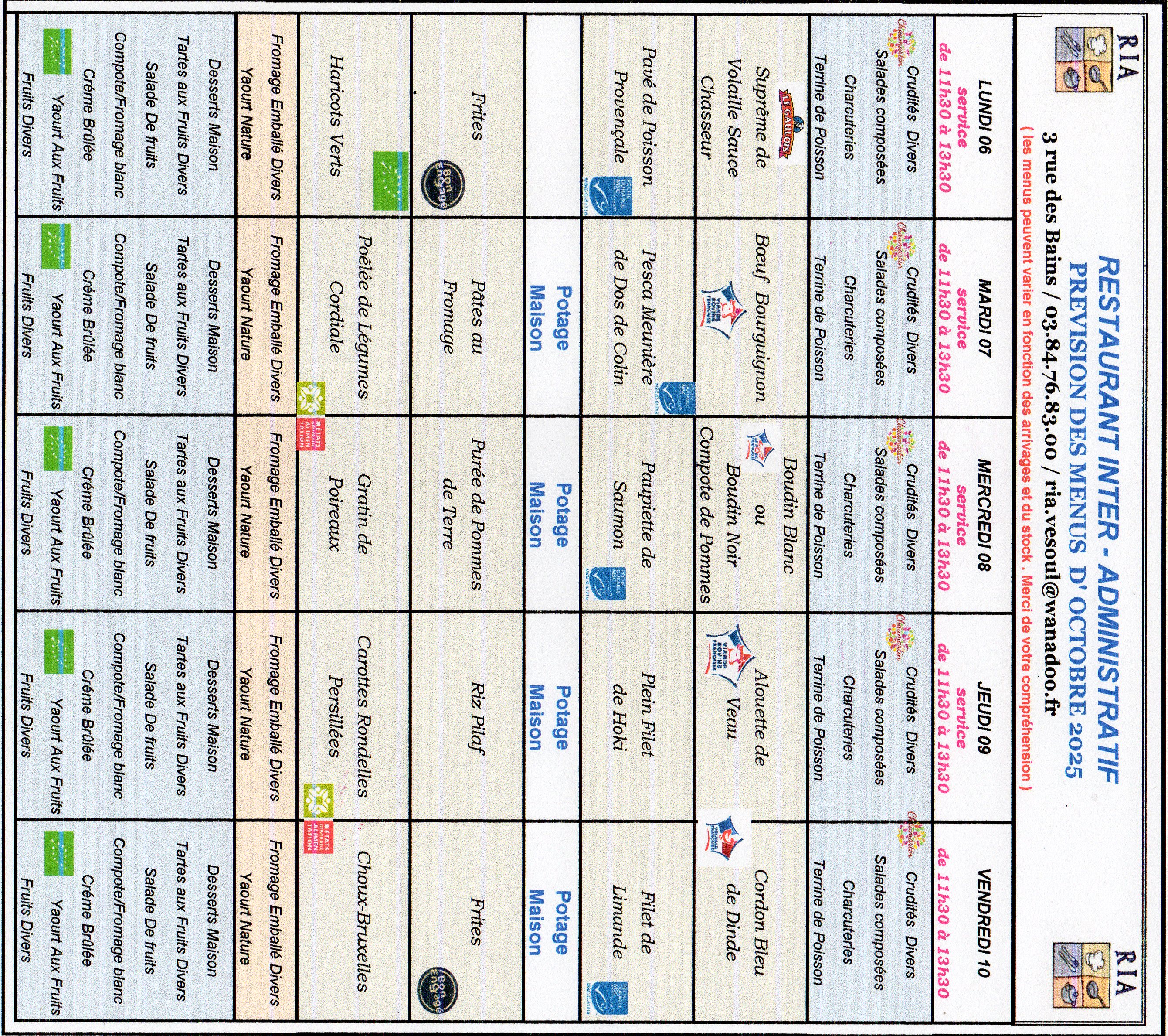 Menus Octobre 1